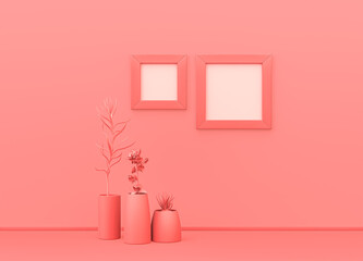 Picture frame mock-up room in flat single pink color with decorative plants and square picture frames. pink background with copy space. 3D rendering