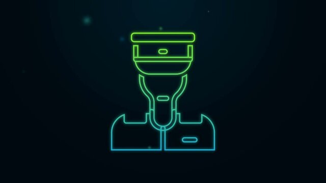 Glowing neon line Train conductor icon isolated on black background. 4K Video motion graphic animation