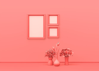Interior room in plain monochrome pink color with square and vertical picture frames, decorative vases and house plants. Light background with copy space. 3D rendering
