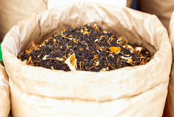 Dry tea leaves, various types of flower teas, herbal teas