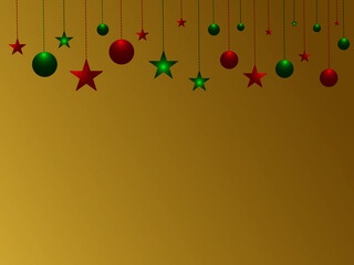 Red and green Christmas spheres and stars on a golden background
