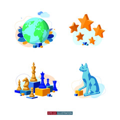 Trendy flat illustration set. Globe. Stars. Chess pieces. Template for your design works. Vector graphics.
