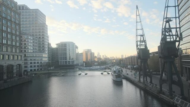 Looking out the window of DLR train London docklands at sunset
