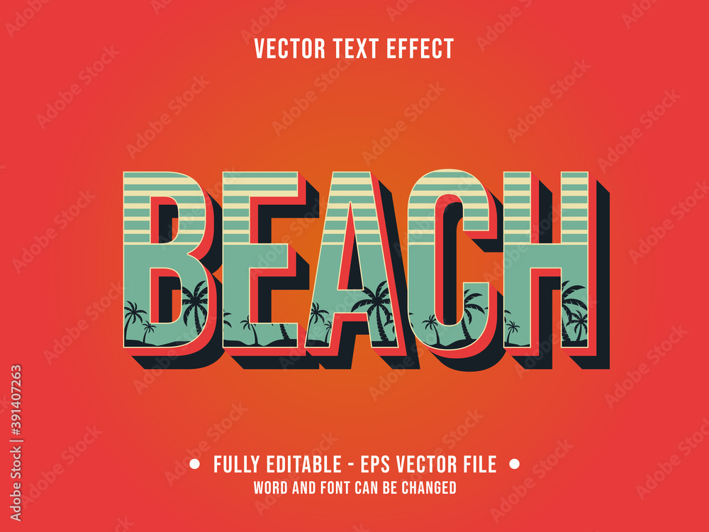 Wall mural editable text effect - beach retro red and retro green color style