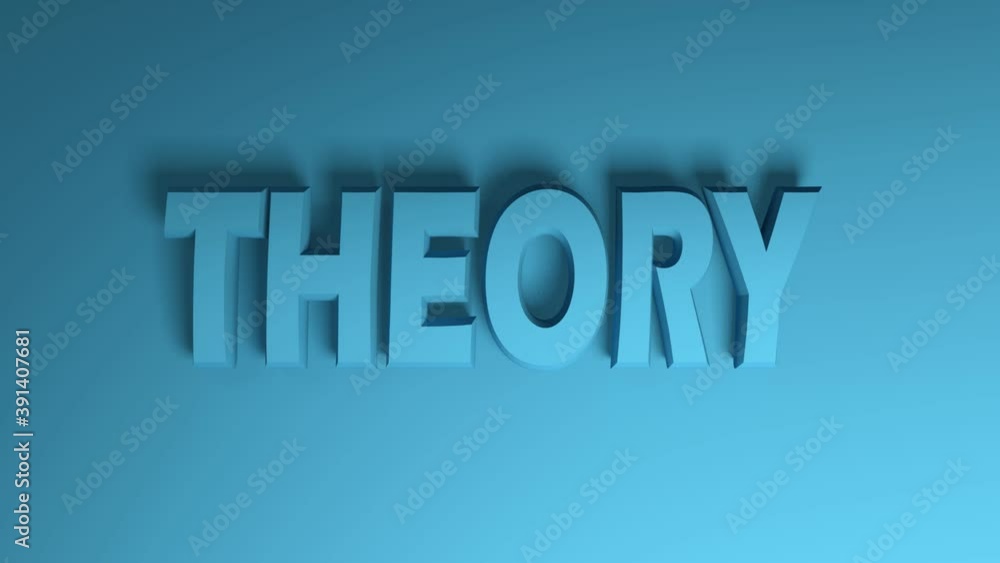 Aufkleber the write theory in blue letters, passing from right to left on blue background - 3d rendering video