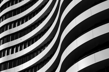 Black and white tone, close-up and detail of exterior curvature facade with contrast colour...