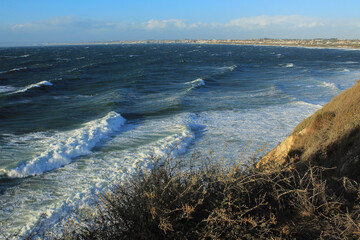 Huge waves caused by high winds off the coast of the Palos Verdes Peninsula in the South Bay of Los Angeles County, California.