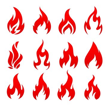 Fire, campfire isolated vector icons, torch flame, red burning bonfire blaze symbols. Glowing shining flare with long waving tongues. Decorative elements for design, cartoon ignition fire tongues set