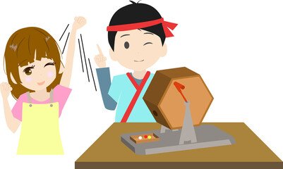 福引が当たって喜ぶ主婦のイラスト