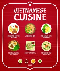 Vietnamese restaurant menu vector cover. Broken rice Com Tam with pork, lemongrass pork, rice pancake with vegetable, meatballs Bun Cha with noodles, shrimp spring rolls, noodle beef soup Bun bo Hue,