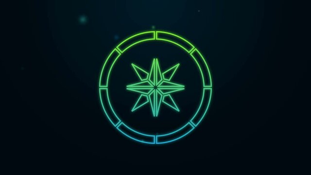Glowing neon line Compass icon isolated on black background. Windrose navigation symbol. Wind rose sign. 4K Video motion graphic animation