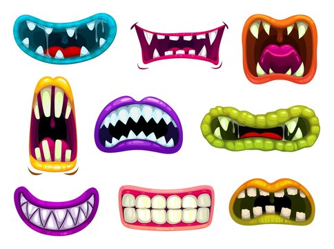 Monster mouths with sharp teeth and tongues. Cartoon vector funny os of aliens smiling, laughing roar and demonstrate fangs. Saliva jaws of monsters, beast gobs isolated on white background icons set