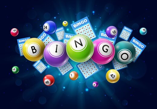 Bingo lotto game balls and lottery cards with lucky numbers on glowing background with sparkles. Vector poster for bingo lottery tv show, keno raffle and lotto win tickets gambling and win chance game