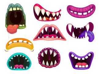 Monster mouths with sharp teeth and tongues. Cartoon funny aliens close and open os smiling, laughing roar and show scary fangs with dripping saliva. Monster jaws, crazy beast gobs isolated icons set © Vector Tradition