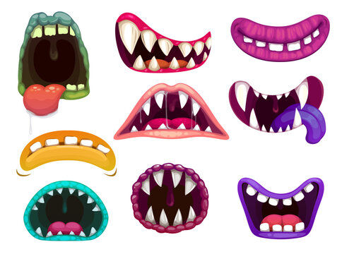 Monster mouths with sharp teeth and tongues. Cartoon funny aliens close and open os smiling, laughing roar and show scary fangs with dripping saliva. Monster jaws, crazy beast gobs isolated icons set