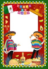 Cinco de Mayo mariachi characters with signboard and Mexican food. Vector holiday fiesta musicians with sombrero hats, maracas and Mexico flag, tequila, tacos and guacamole, nachos and fireworks