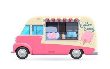 Cotton candy food truck, isolated vector van, cartoon car for street food desserts selling. Pink automobile cafe or restaurant on wheels with sweet candy cotton assortment, canopy and chalkboard menu
