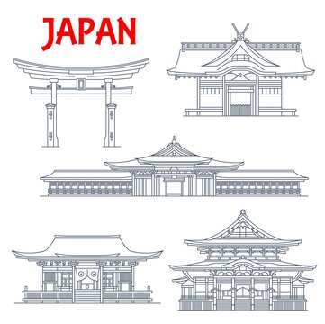 Japan landmark icons, temples in Tokyo, pagodas and Torii Gates in Itsukushima Ryobu, vector. Japan travel architecture landmarks Kokubunji temple Zenko-ji in Nagano, Sumiyoshi-taisha shrine in Osaka