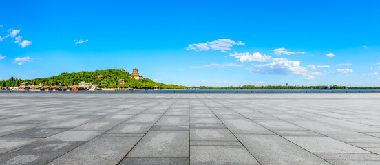 Empty square floor and the Summer Palace scenery in Beijing.