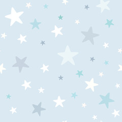 Baby boy nursery seamless pattern with grey stars on blue background. Perfect for fabric, textile, nursery decoration, baby shower. Surface pattern design.
