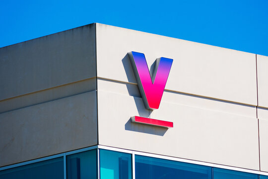 V logo of Verily Life Sciences research organization headquarters in Silicon Valley. Verily is an independent subsidiary of Alphabet Inc - South San Francisco, CA, USA - 2020