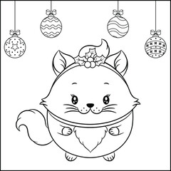 merry Christmas cute cat drawing with ornaments for coloring