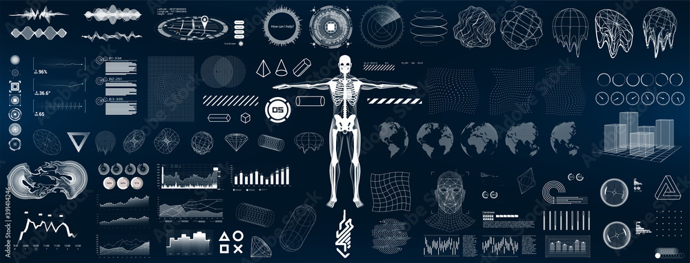 Poster HUD elements interface for GUI, UI, UX design. Collection hi-tech elements - charts, graphics, glitch shapes, futuristic circle, Earth globe, infographics, sci elements and other. Vector HUD shapes