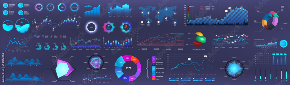 Aufkleber dark infographics, charts and graphs collection. business presentation and marketing statistic workf
