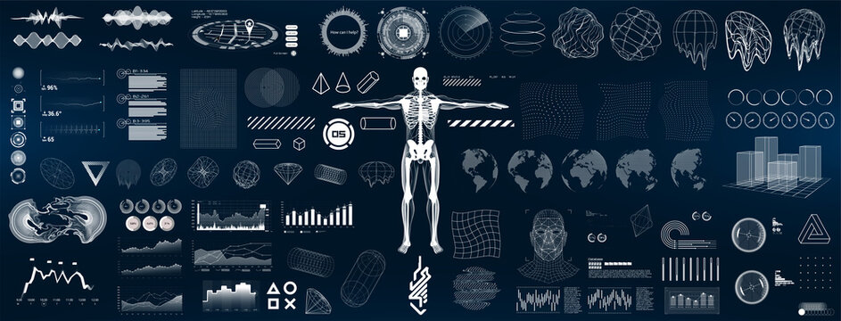 HUD elements interface for GUI, UI, UX design. Collection hi-tech elements - charts, graphics, glitch shapes, futuristic circle, Earth globe, infographics, sci elements and other. Vector HUD shapes