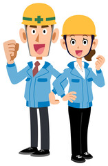 背中合わせでガッツポーズする青色の作業服を着てヘルメットを被った男女
