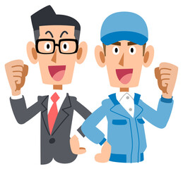 背中合わせでガッツポーズするスーツを着た男性と青色の作業着の男性の上半身
