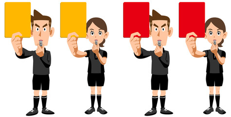 レッドカードとイエローカードを見せるサッカーの審判の男女のセット  © haru_natsu_kobo
