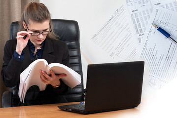 Personal accountant. Girl carefully studies the declaration. Woman next to a laptop. Concept - accountant fills out a 1040 declaration. Individual Income Tax Return. Paying taxes in the USA.