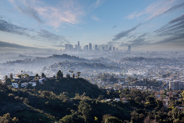 Misty cloudy morning view of downtown Los Angeles California