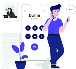 boy talking with girl on mobile flat design illustration, long duration calling, happy boy 