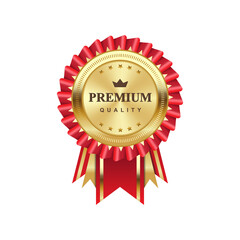 Luxury, premium, commercials, realistic vector design of golden badge with red ribbon. Vector 