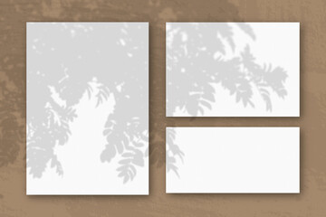 Several horizontal and vertical sheets of white textured paper against a brown wall background. Mockup with an overlay of plant shadows. Natural light casts shadows from a Rowan branch