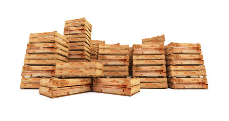3D render of Wooden crates stack isolated on white background. Empty wooden crates