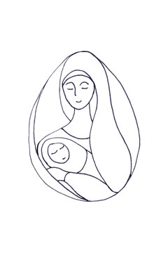 recommend clip art: Christmas, mother and child, , graphic concept black and white drawing on white background