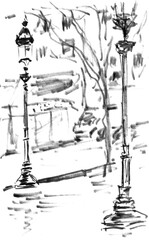 vintage lanterns on the street of Paris, graphic black and white drawing, travel sketch