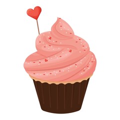 Cupcake with pink cream, tasty delicious dessert with heart decoration isolated on white background. Sweet food, Valentine day celebration. Clipart, design element.