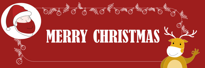 Santa and rain deer useing face mask Christmas banner on red background with light and leaf decoration, handdrawing vector illustration.