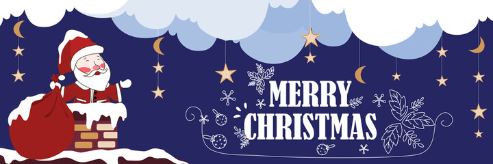 Christmas eve banner, Santa holding the big presents bag in the chimney with night background and Merry Christmas text, hand drawing vector illustration