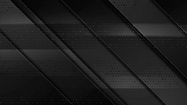 Black minimal composition with geometric diagonal stripes and dots. Abstract dark grey tech motion background. Seamless looping. Video animation Ultra HD 4K 3840x2160