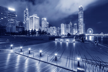 Public park and skyline of downtown of Hong Kong city at night