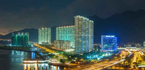Fototapeta na wymiar Panorama of residential district in Hong Kong city at night