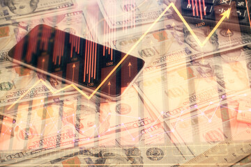Double exposure of forex graph drawing over us dollars bill background. Concept of financial markets.