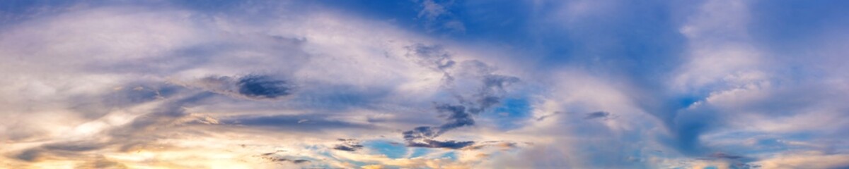 Dramatic panorama sky with cloud on sunrise and sunset time. Panoramic image.