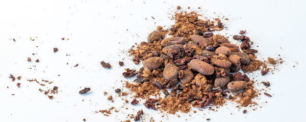 Cacao beans seeds, Cacao nibs and cacao powder isolated on white background.