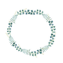 Geometrical gold frame with watercolor plants. Leaves, branches. Greeting Cards, Posters, Banners.